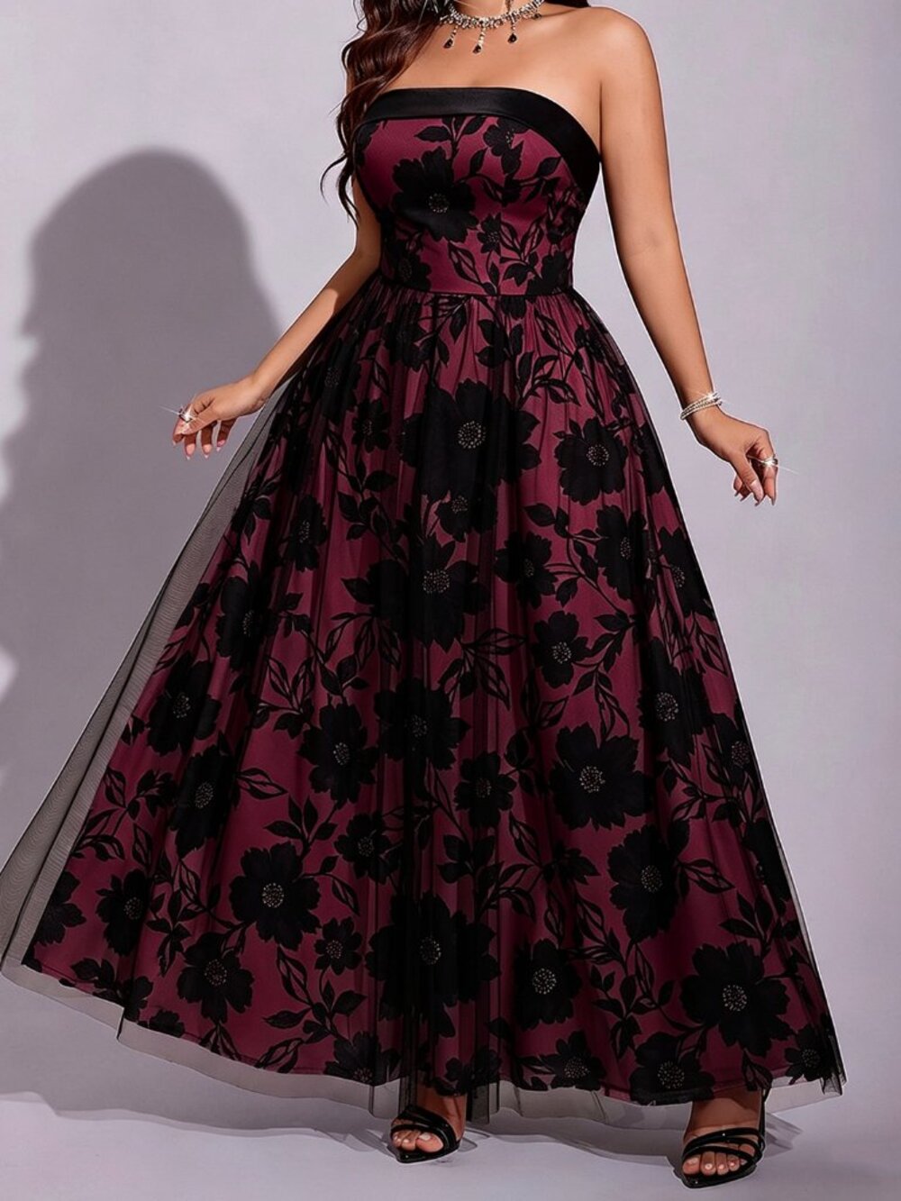 Burgundy Party Women's Floral Print Mesh Double Layer Shirred Bustier Dress